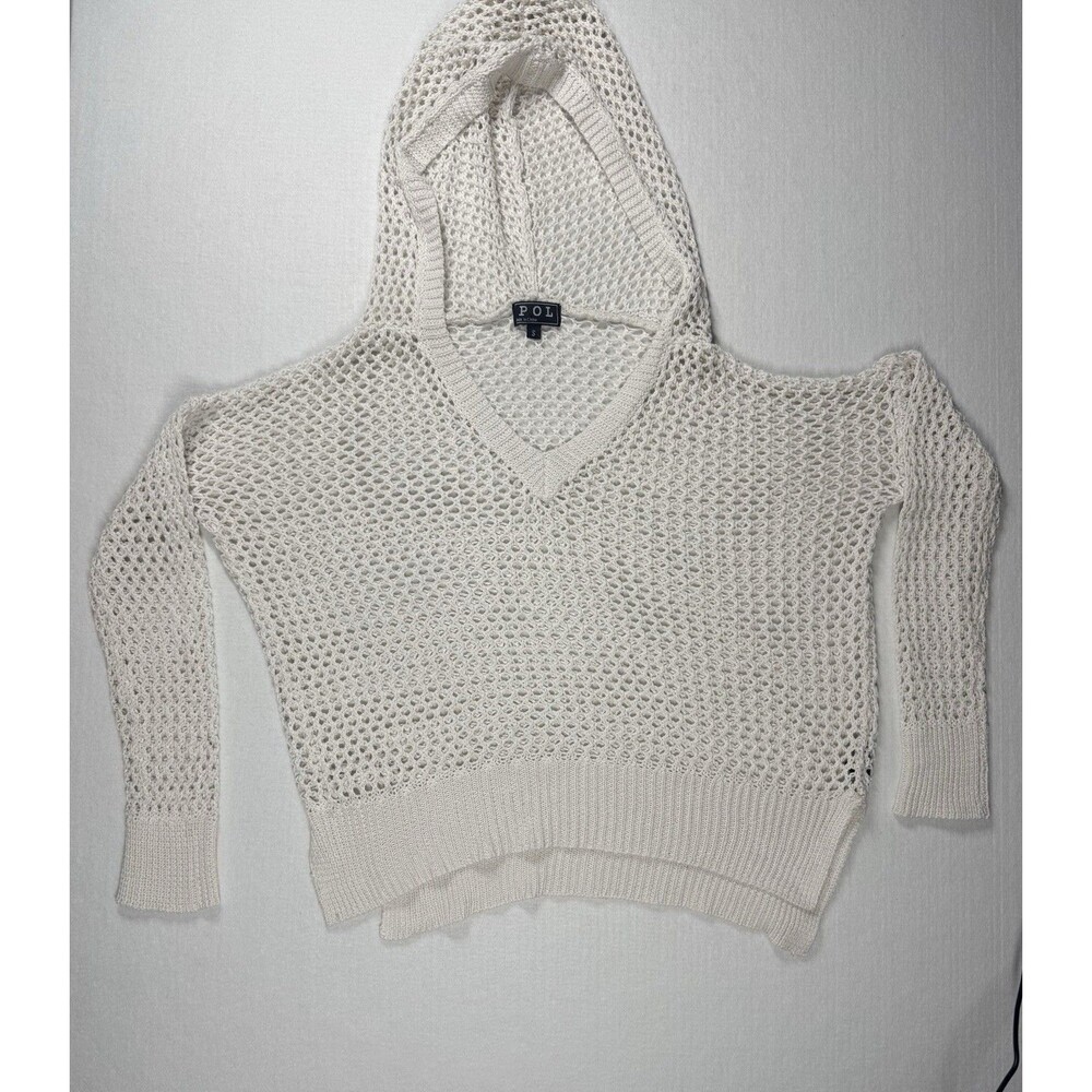 POL Open Knit Hooded Sweater Cream Size Small Cropped Pullover